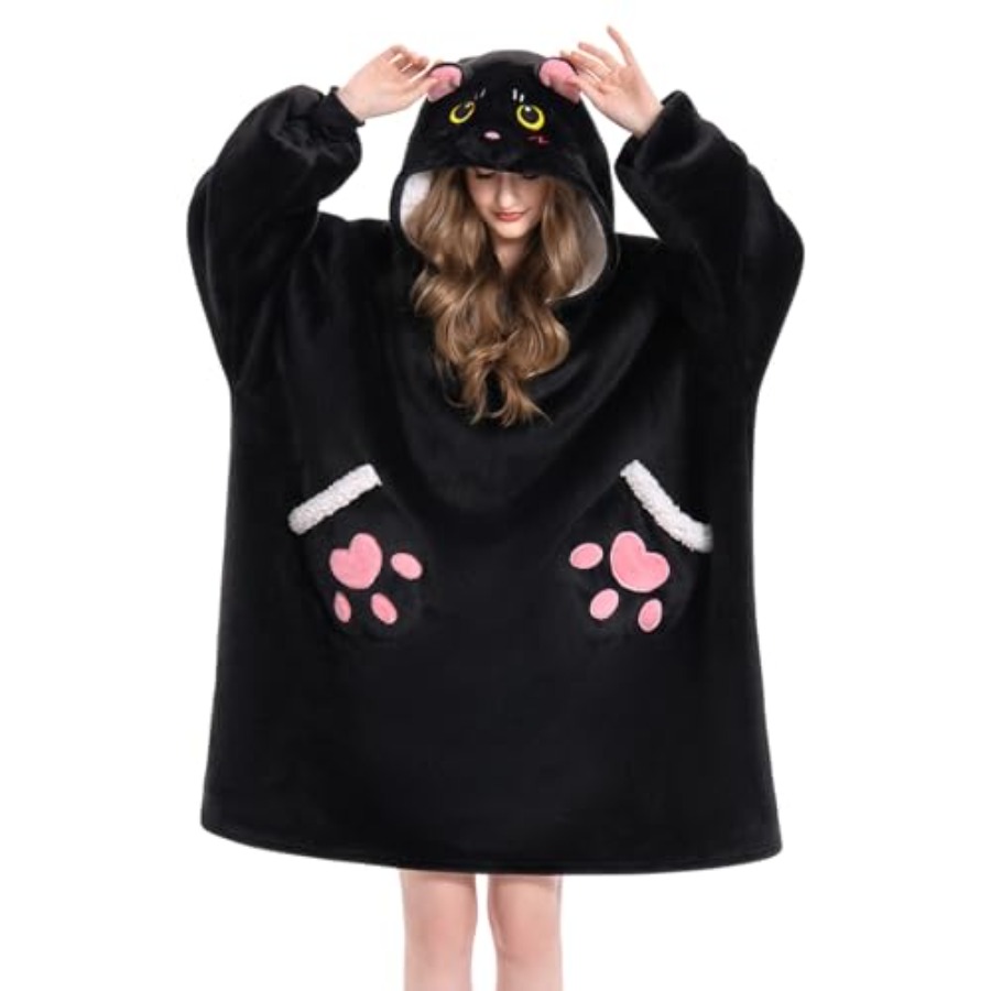 OLAOLA Black Cat Wearable Blan - Sherpa Hoodie Fleece ulasan dan harga